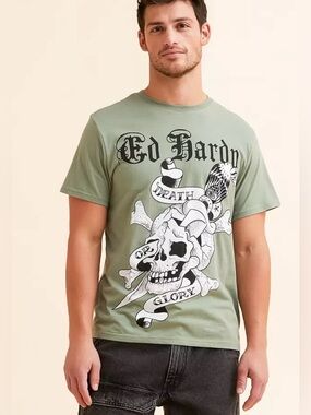 Ed Hardy Light Olive Death Or Glory Skull Short Sleeve Tee Size Medium